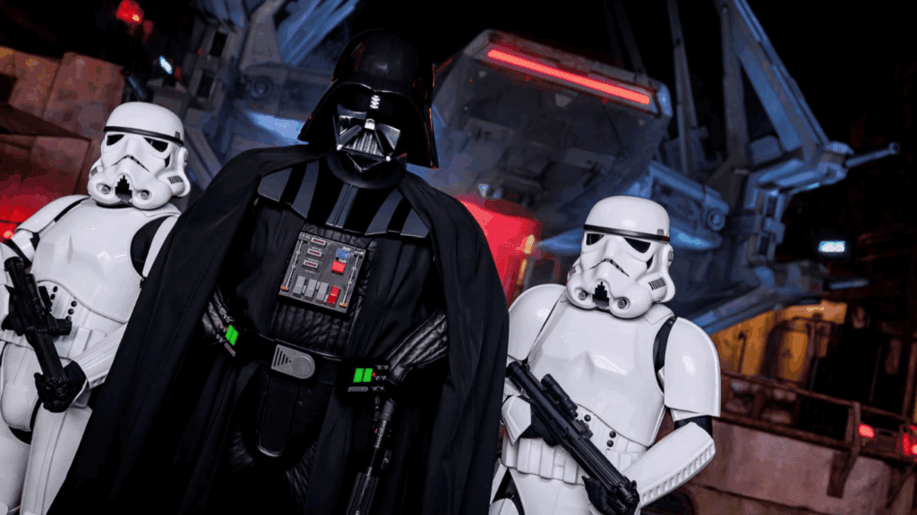 Darth Vader and Stormtroopers appearing in Star Wars: Galaxy's Edge at Disneyland