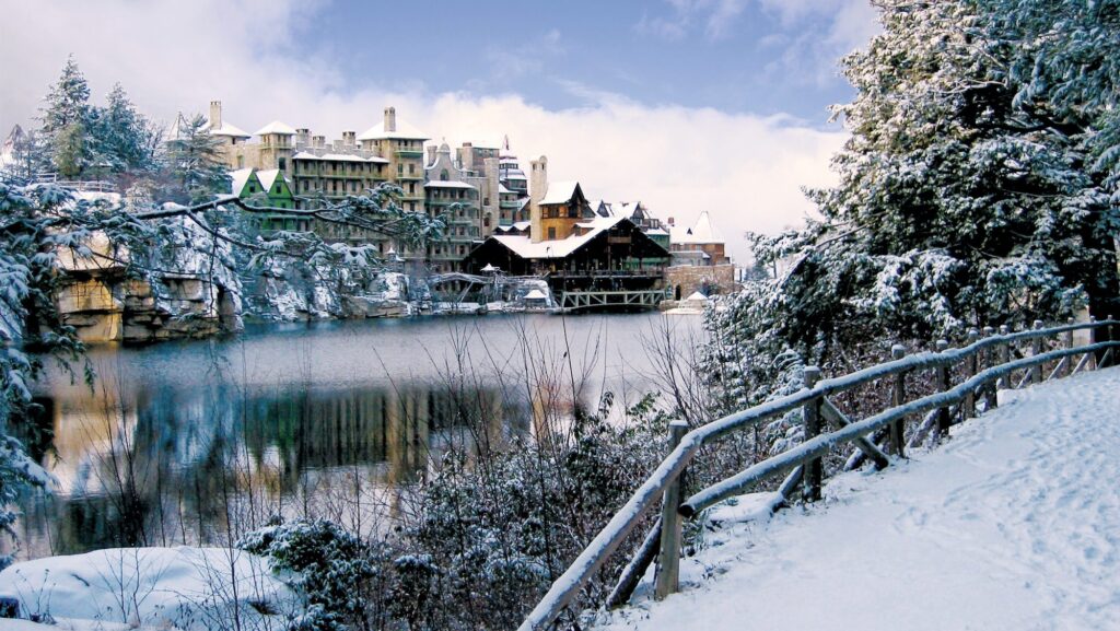 View of winter water and hotel at Mohonk Mountain House