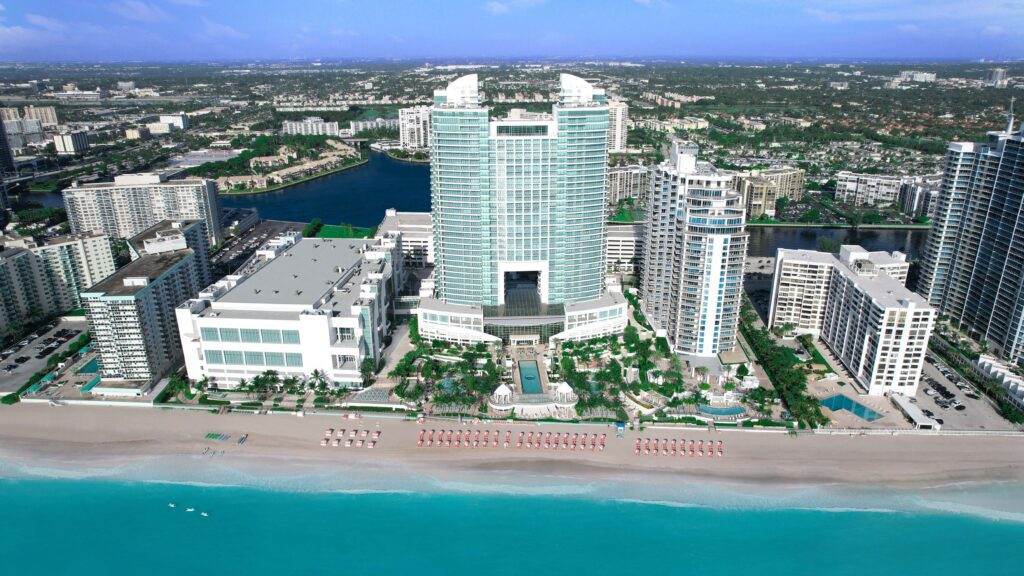 An aerial view of the beach at the Signia by Hilton Diplomat Beach Resort