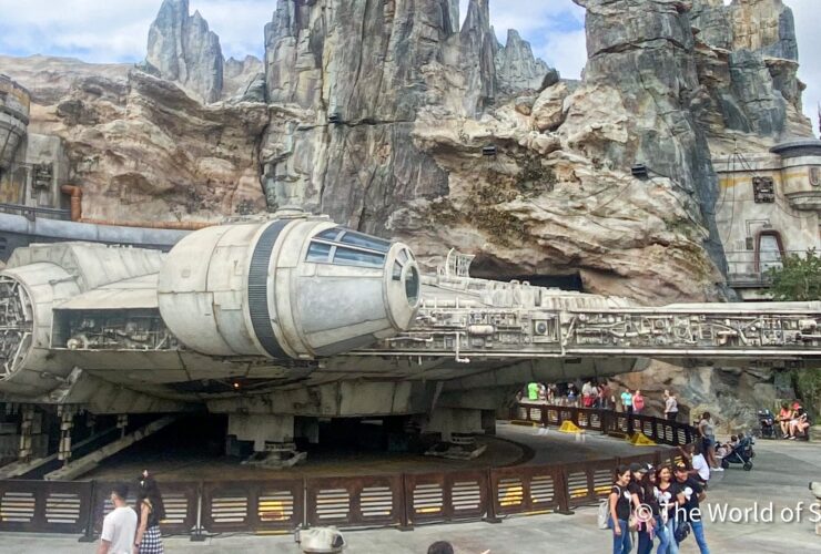 The Millennium Falcon found outside the entrance to Millennium Falcon: Smugglers Run at Star Wars: Galaxy's Edge in Disneyland