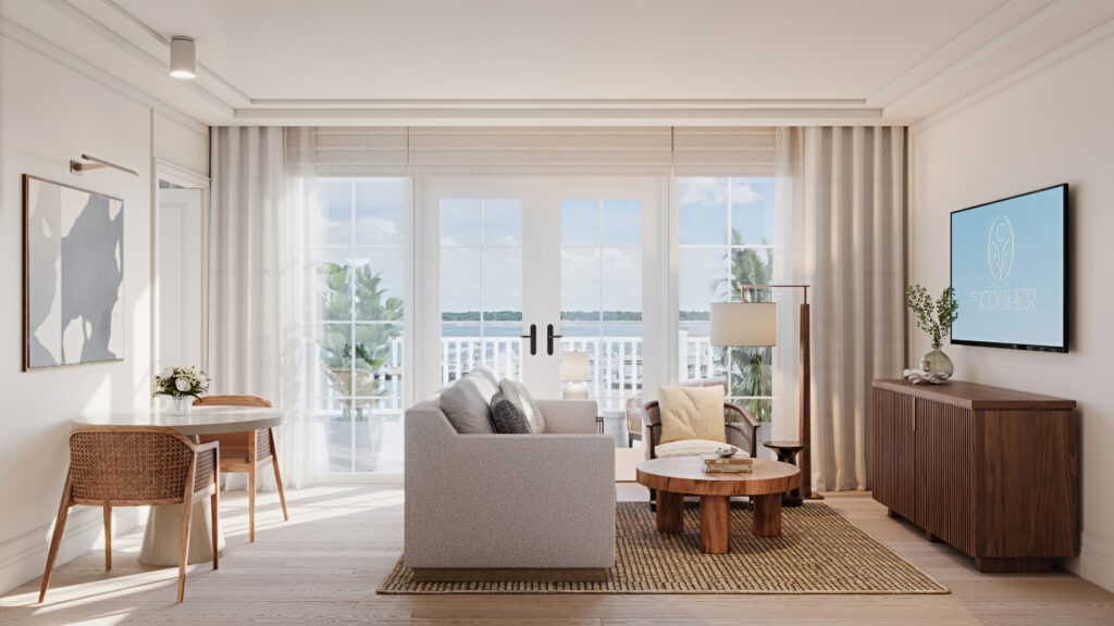A light and bright guest suite at The Cooper in Charleston