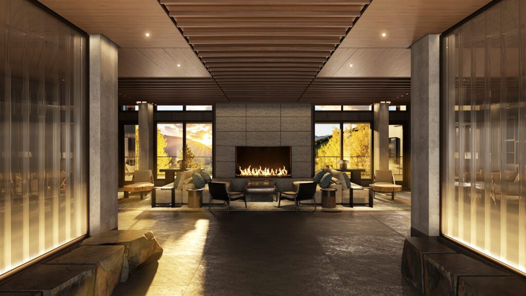 A rendering of the lobby at The Observatory Sun Valley, A Viceroy Resort, with a fireplace and mountain views