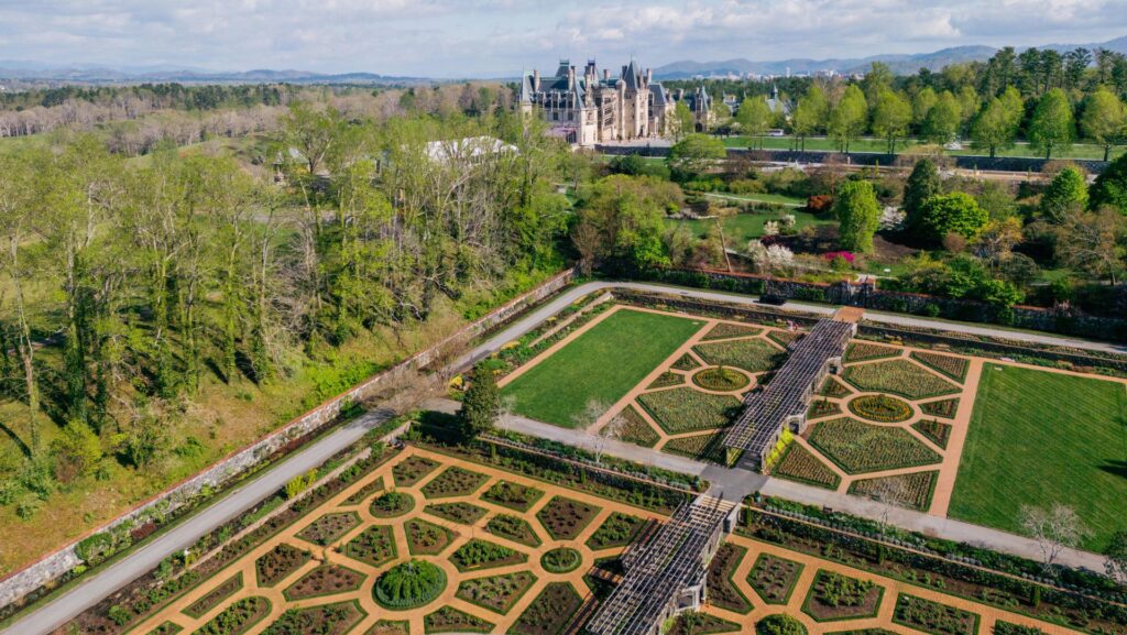 An aerial view of the gardens and grounds at the Biltmore in Asheville in the spring