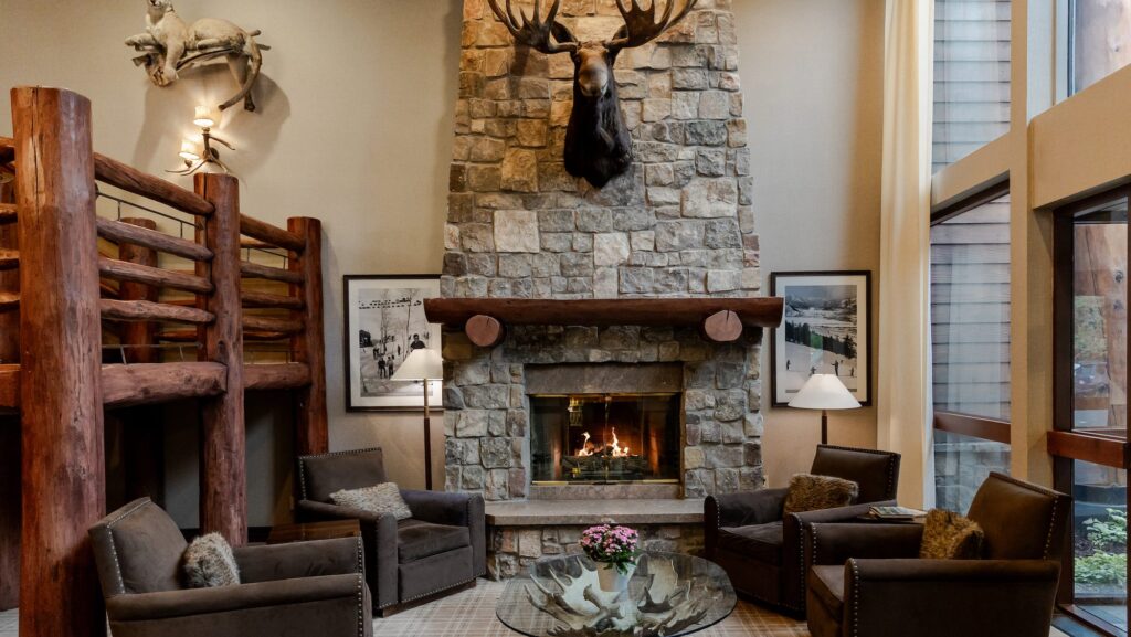 Lobby of the Lodge at Jackson Hole with fireplace