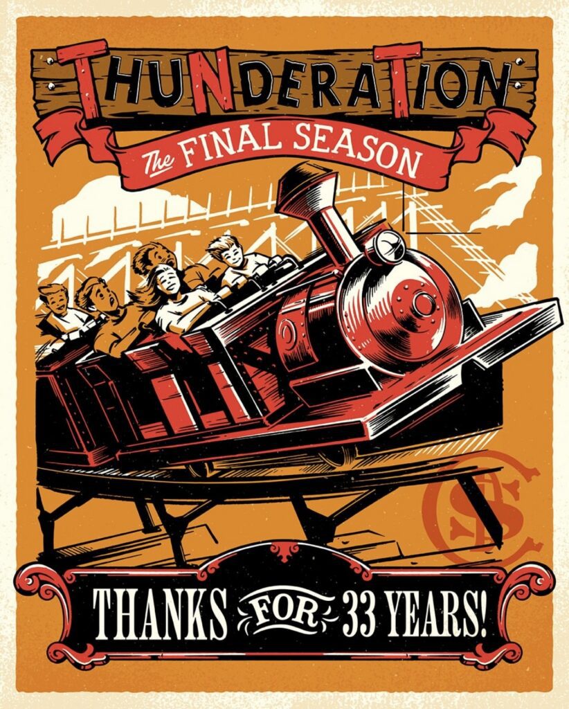 Artist rendering for final season poster of Thunderation at Silver Dollar City