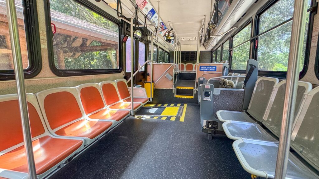 Interior of a bus at Walt Disney World with empty seats