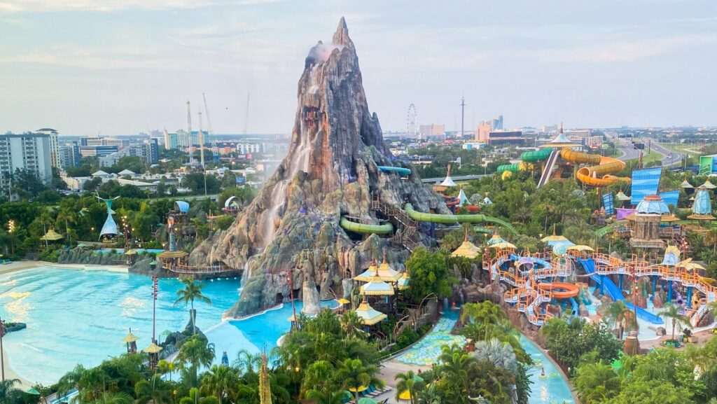 Volcano Bay and surrounding area seen from guest room at Cabana Bay in Universal Orlando