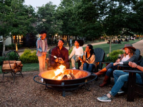 Adults and kids gathered around a firepit at Barnsley Resort roasting marshmallows and drinking wine