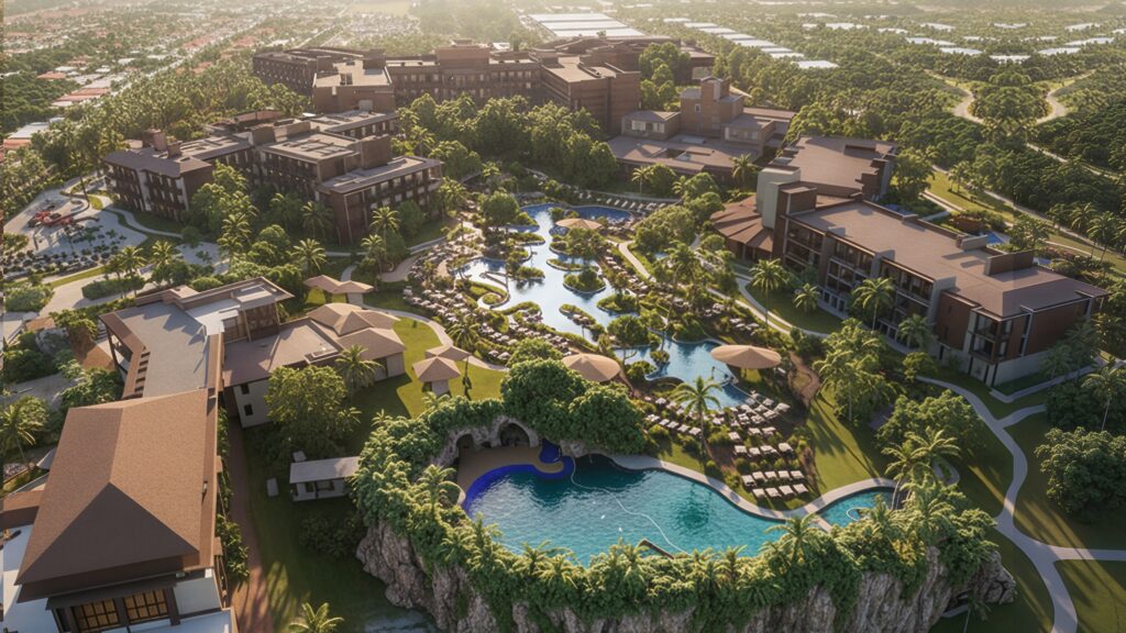 An aerial rendering of Lopesan Caoba Lagoon Resort, Spa & Casino with some of its water-focused elements