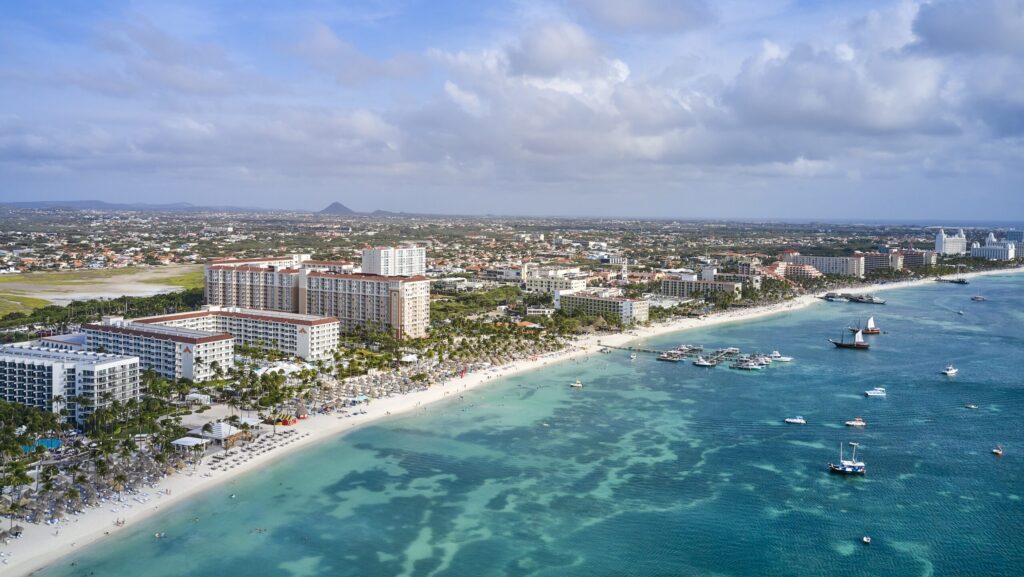 An aerial view of hotels and the beach in Aruba