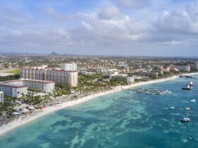 An aerial view of hotels and the beach in Aruba