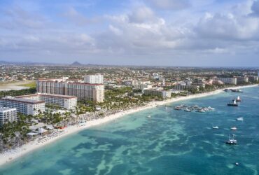 An aerial view of hotels and the beach in Aruba