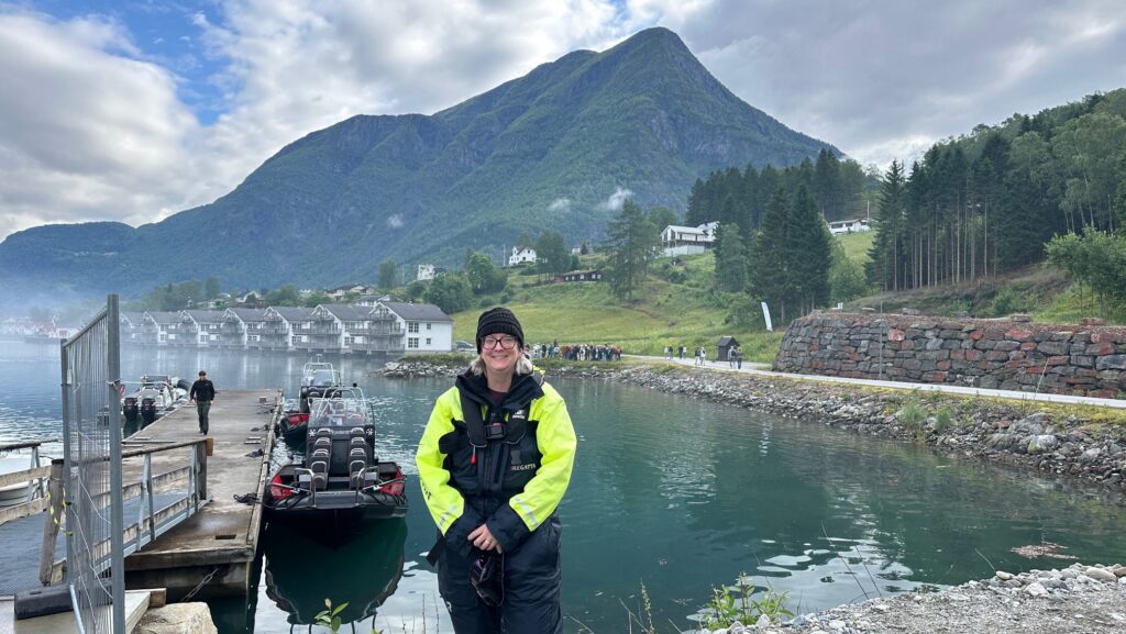 Kate Loweth on a Holland America cruise taking a shore excursion on a Skjolden rib boat