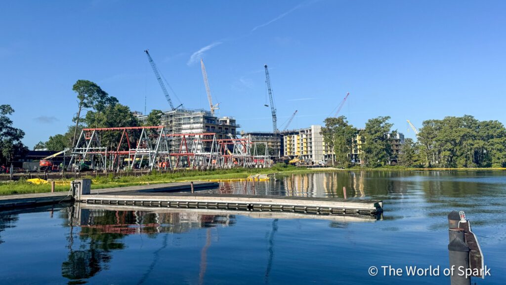 Construction of Disney Lakeshore Lodge seen from Bay Lake, summer 2025