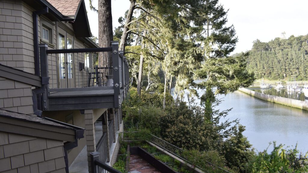 Balconies overlooking Noyo Harbor in Fort Bragg at Noyo Harbor Inn