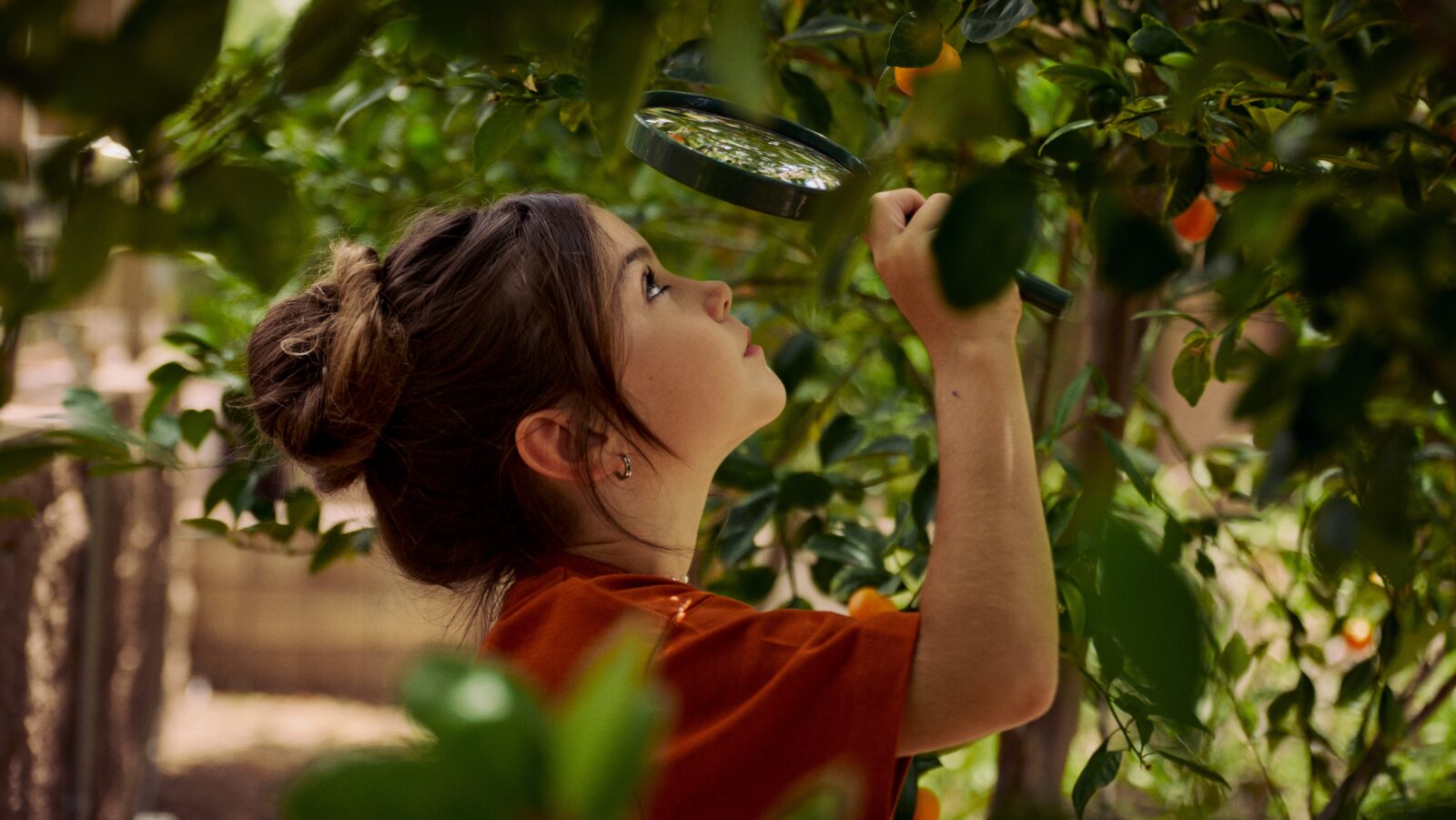 A girl looking at vegetation through at magnifying glass