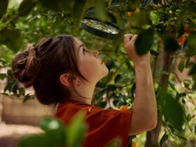 A girl looking at vegetation through at magnifying glass