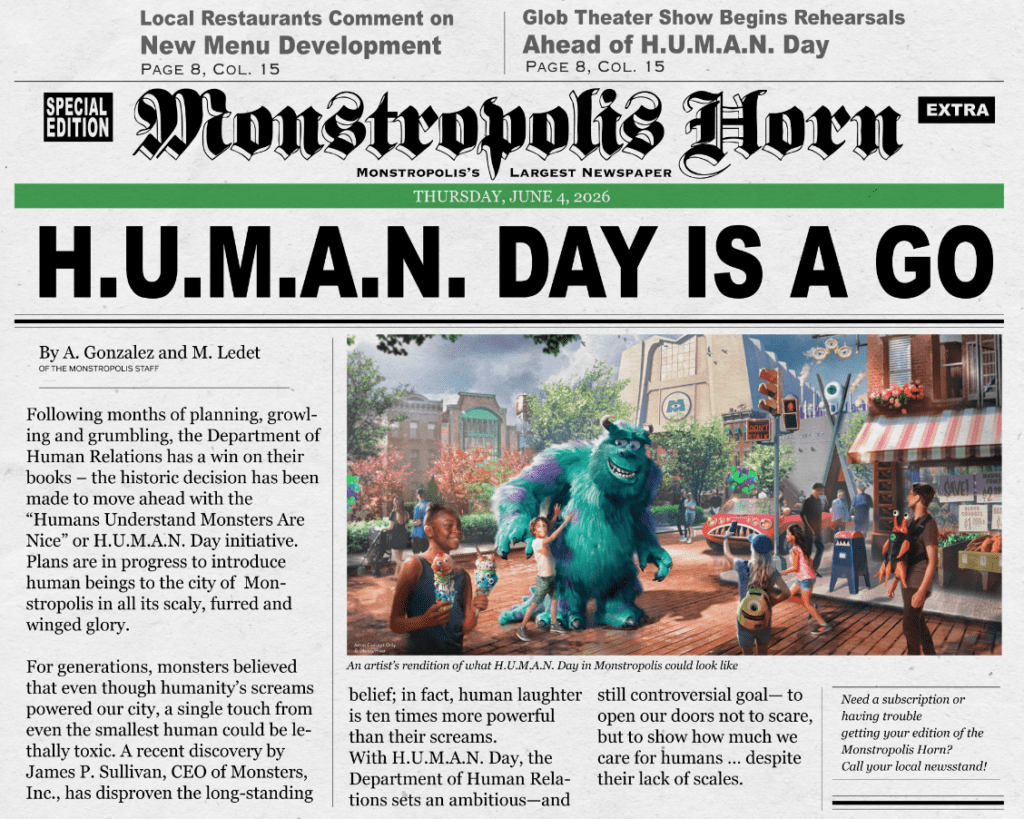 Front page of the Monstropolis Horn newspaper created for the Monsters Inc. land coming to Walt Disney World