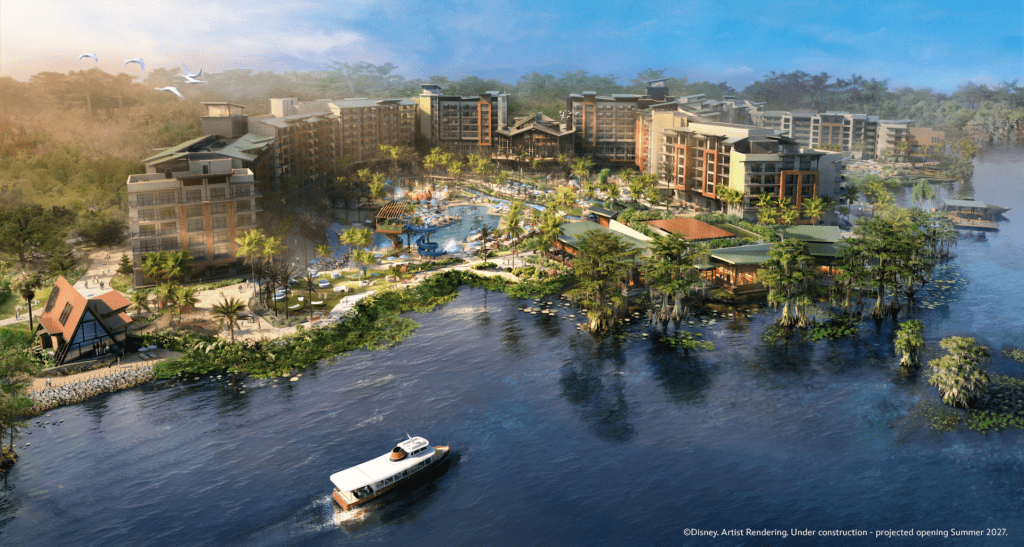 Seni konsep Disney Lakeshore Lodge, dibuka pada musim panas 2027 