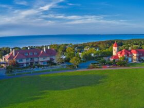 An aerial view of The Mansion side of Ocean Edge Resort & Golf Club