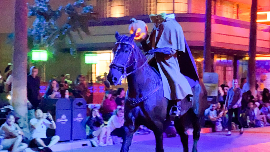 Headless Horseman parading through Disney California Adventure during Oogie Boogie Bash