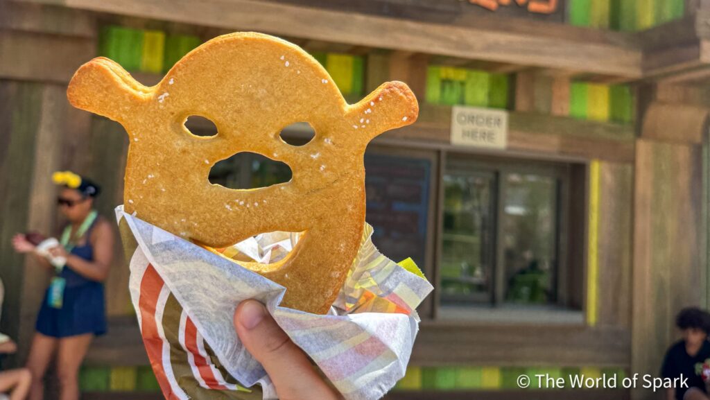 Shrek-shaped pretzel called a Shrekzel at Swamp Snacks in Universal Kids Resort