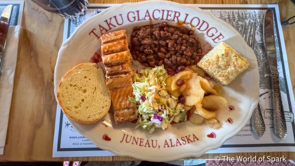 Salmon feast at Enchanted Taku Lodge outside Juneau, Alaska