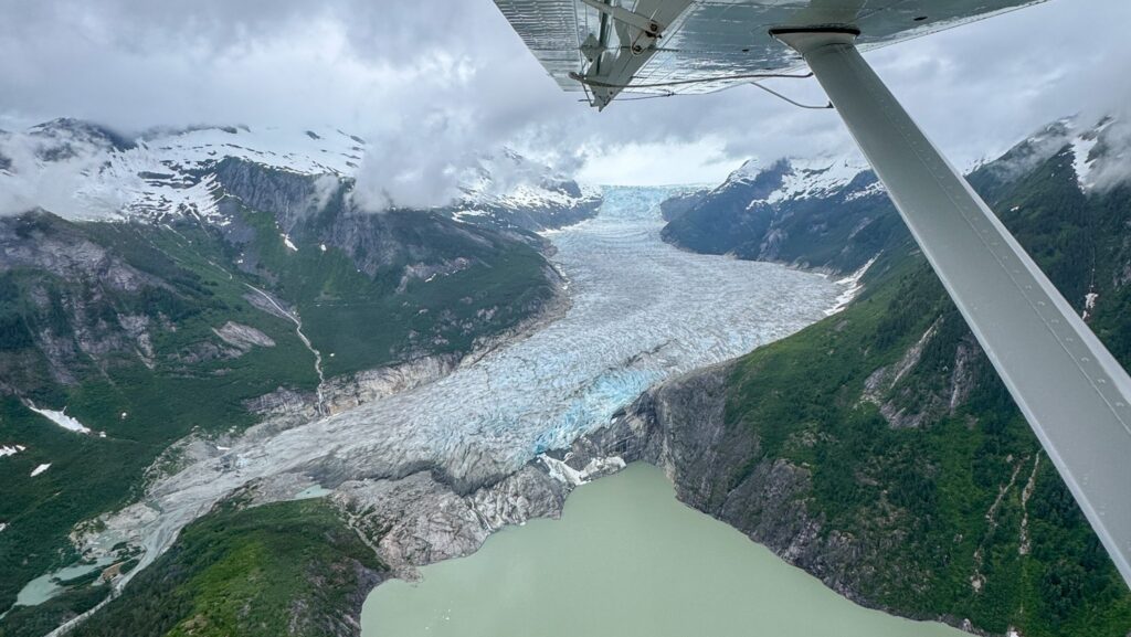 Flying above a glacier via seaplane outside Juneau, Alaska