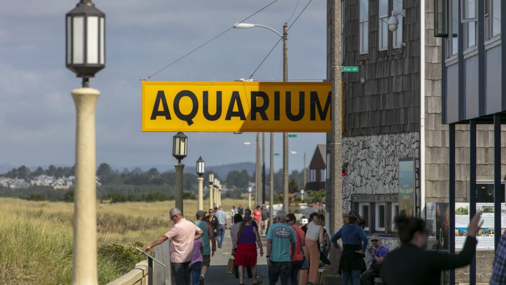 People walking near the Aquarium in Seaside, Oregon