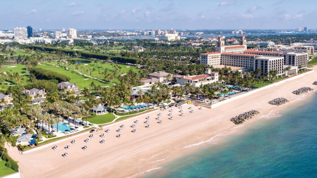 An aerial view of the beach and The Breakers resort