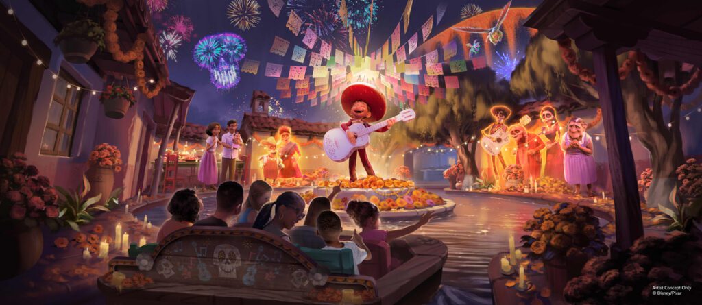 Concept art of the new "Coco" ride coming to Disneyland
