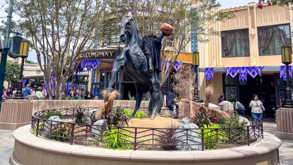 Headless Horseman statue at Disney California Adventure during the Halloween season