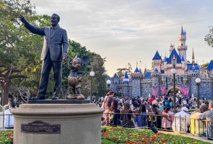 "Partners" statue of Walt Disney and Mickey Mouse in front of Sleeping Beauty Castle at Disneyland Park
