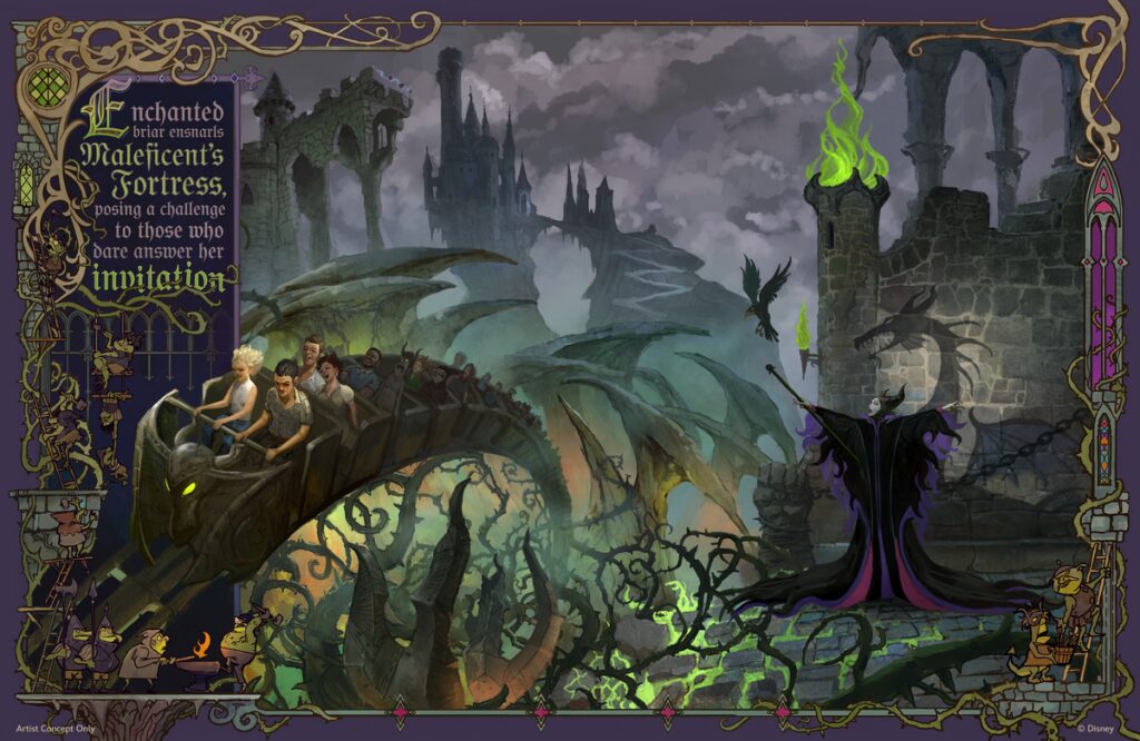 Concept art for Maleficent roller coaster coming to Villains Land in Magic Kingdom