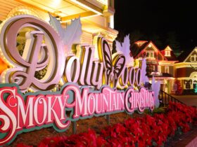 Dollywood entrance sign at the holidays.